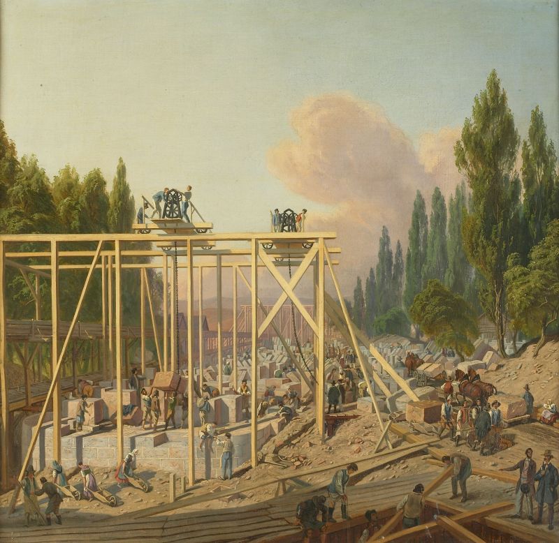 Carl Robert Croll (1800-1863): Stavba mostu na ostrově Štvanici, 1846-1847, olejomalba Foto: MHMP, oficiální zdroj 